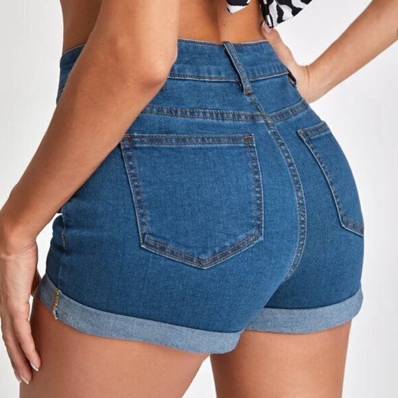 SHEIN BASICS Mid-Waist Cuffed Denim  Shorts - Picture 2 of 3